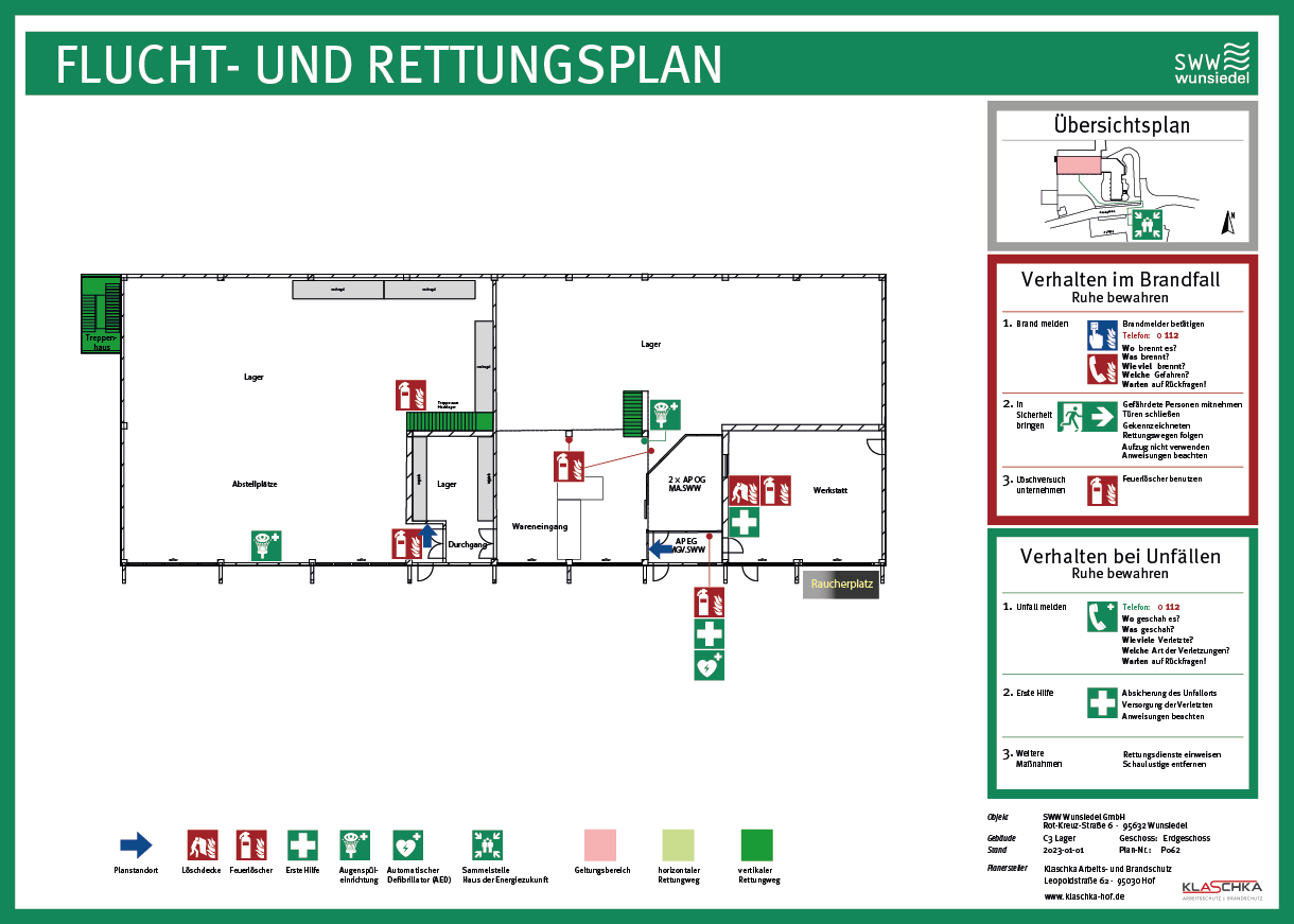 Flucht- und Rettungsplan Hauptgebäude Werkstatt und Lager